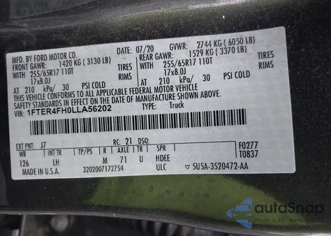 2020 Ford Ranger Xlt из США, поврежденный, VIN 1FTER4FH0LLA56202